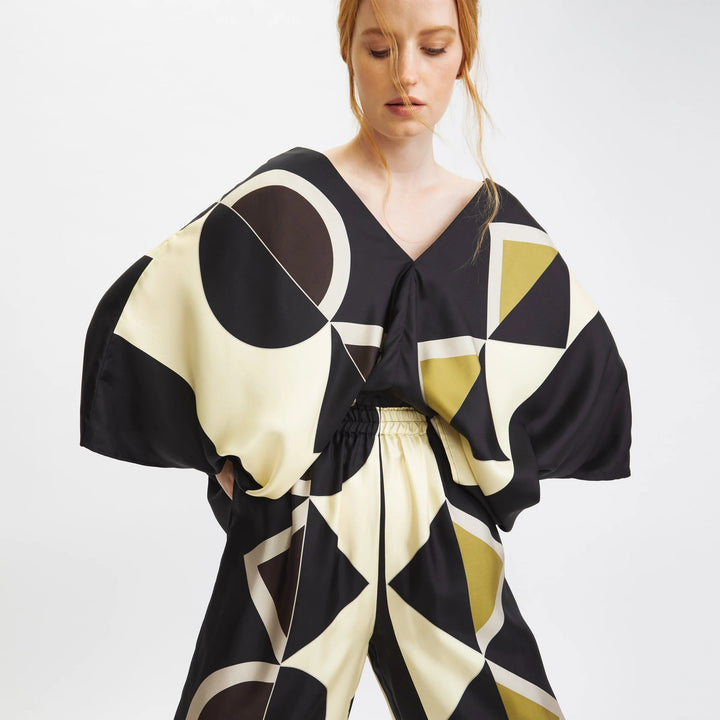 GEO BLACK AND CREAM SATIN SILK CO-ORD SET