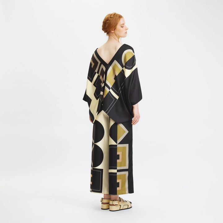 GEO BLACK AND CREAM SATIN SILK CO-ORD SET