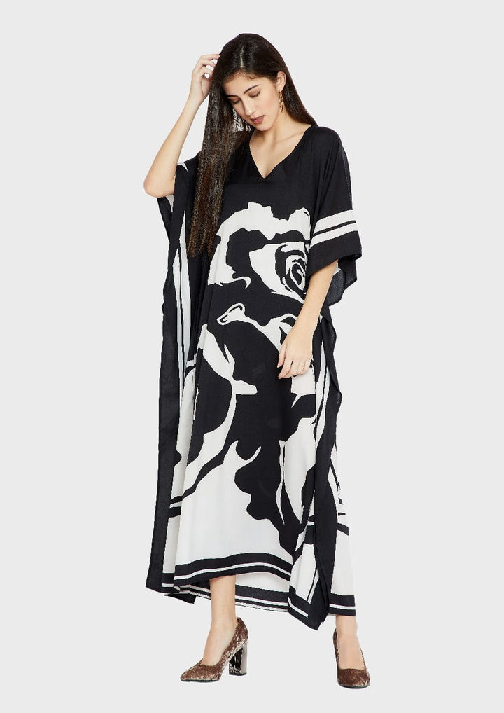 FLORAL INK: BLACK & WHITE SILK KAFTAN