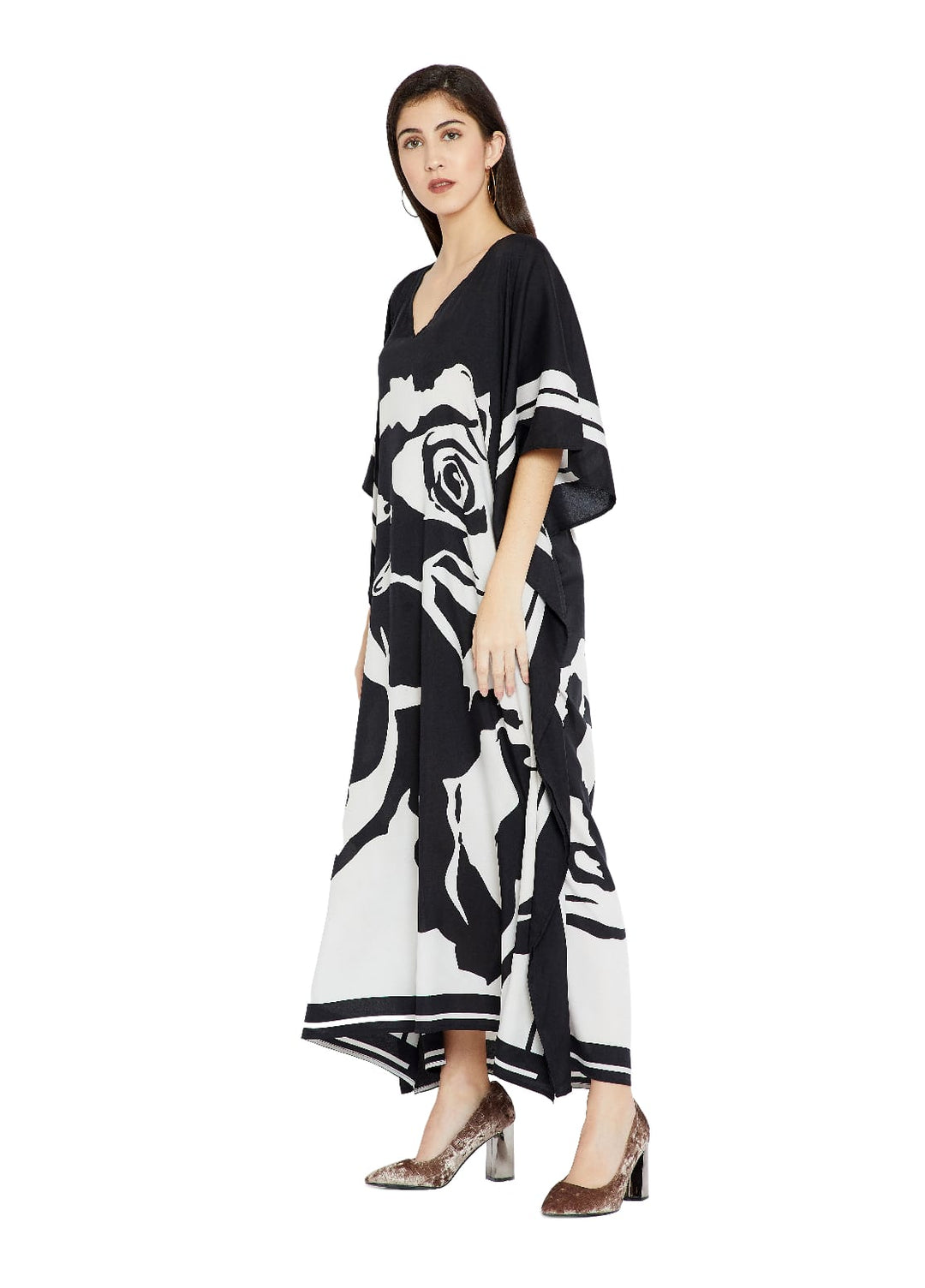FLORAL INK: BLACK & WHITE SILK KAFTAN