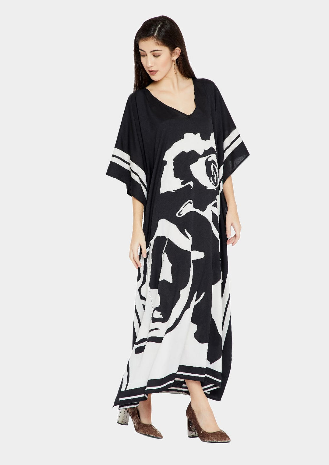 FLORAL INK: BLACK & WHITE SILK KAFTAN